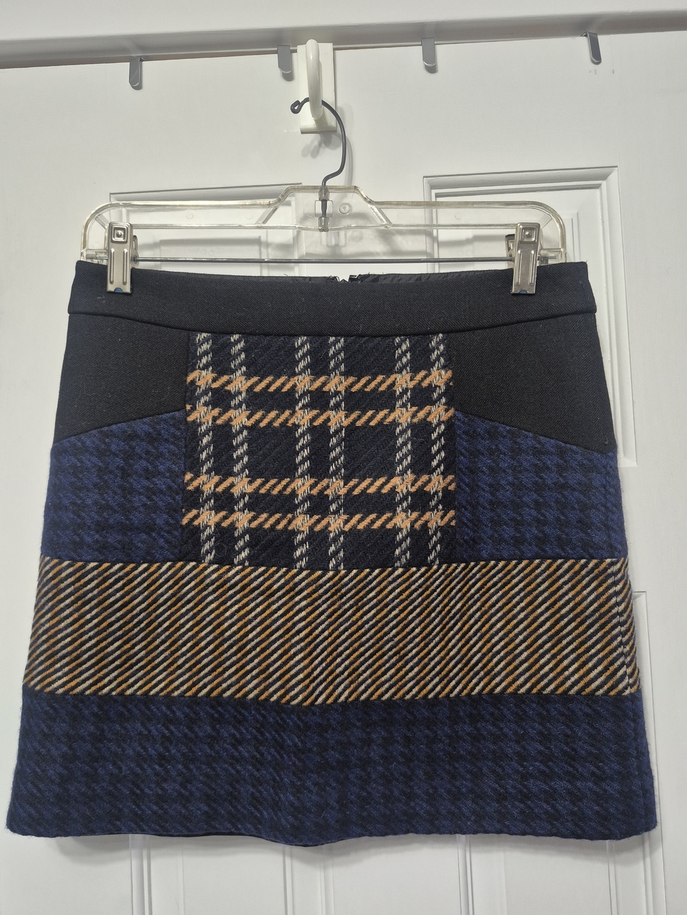 DKNY Navy Plaid Patchwork A-Line Skirt with Tan Accents